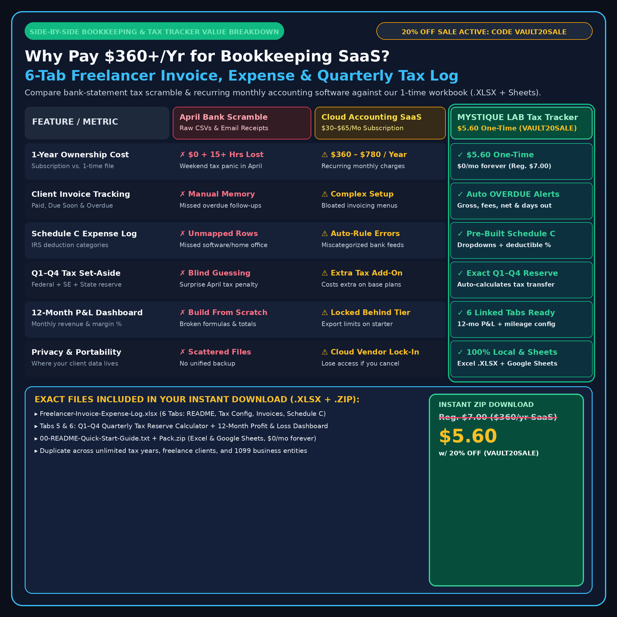 Freelancer Invoice, Expense and 28% Quarterly Tax Tracker 6-Tab Workbook Comparison