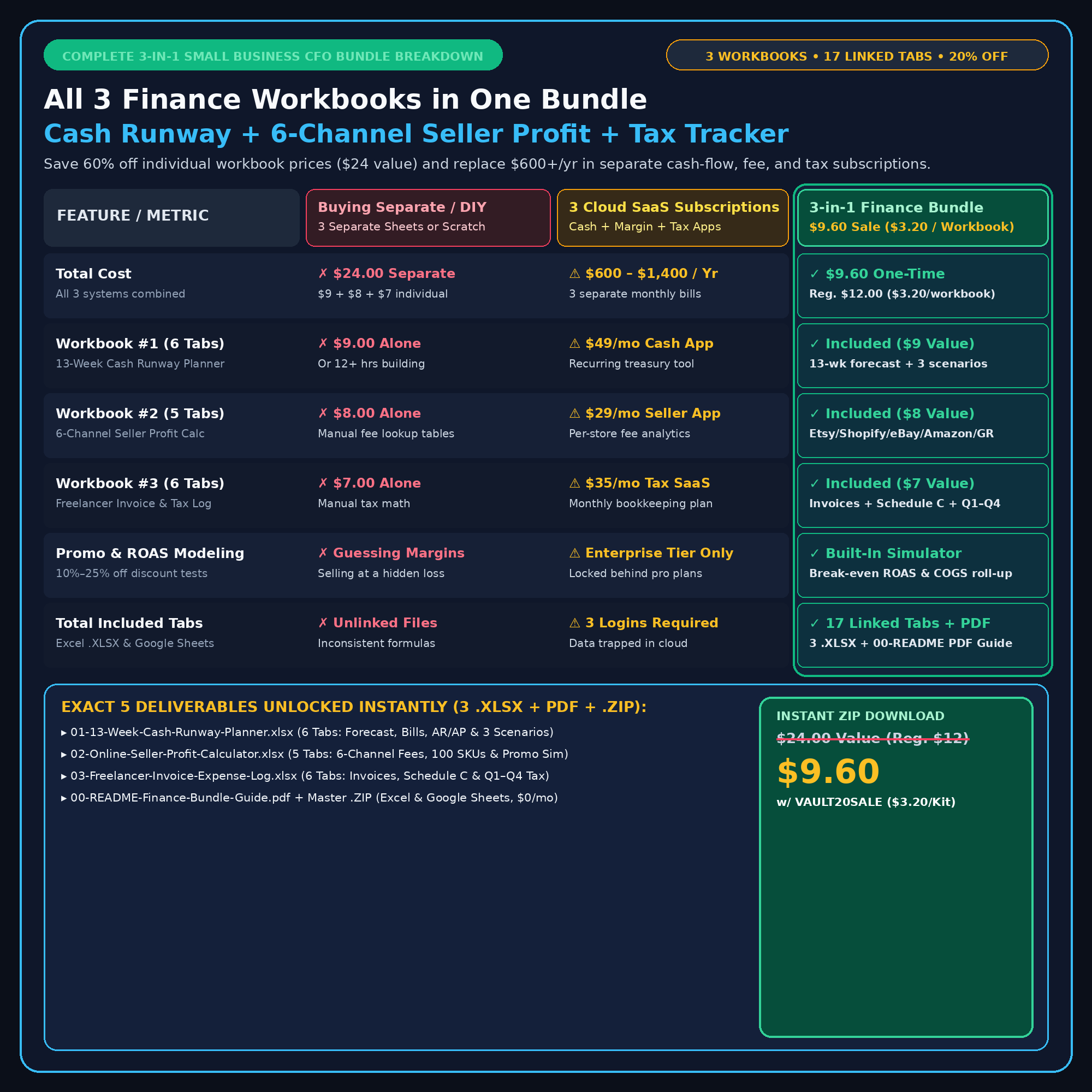 3-in-1 Small Business Finance Bundle 17 Linked Tabs Comparison Card